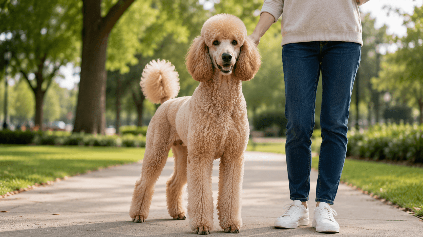 Apricot Standard Poodle standing on a park path