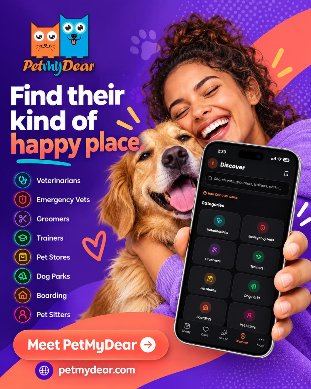PetMyDear app — find vets and activities for a Beagle