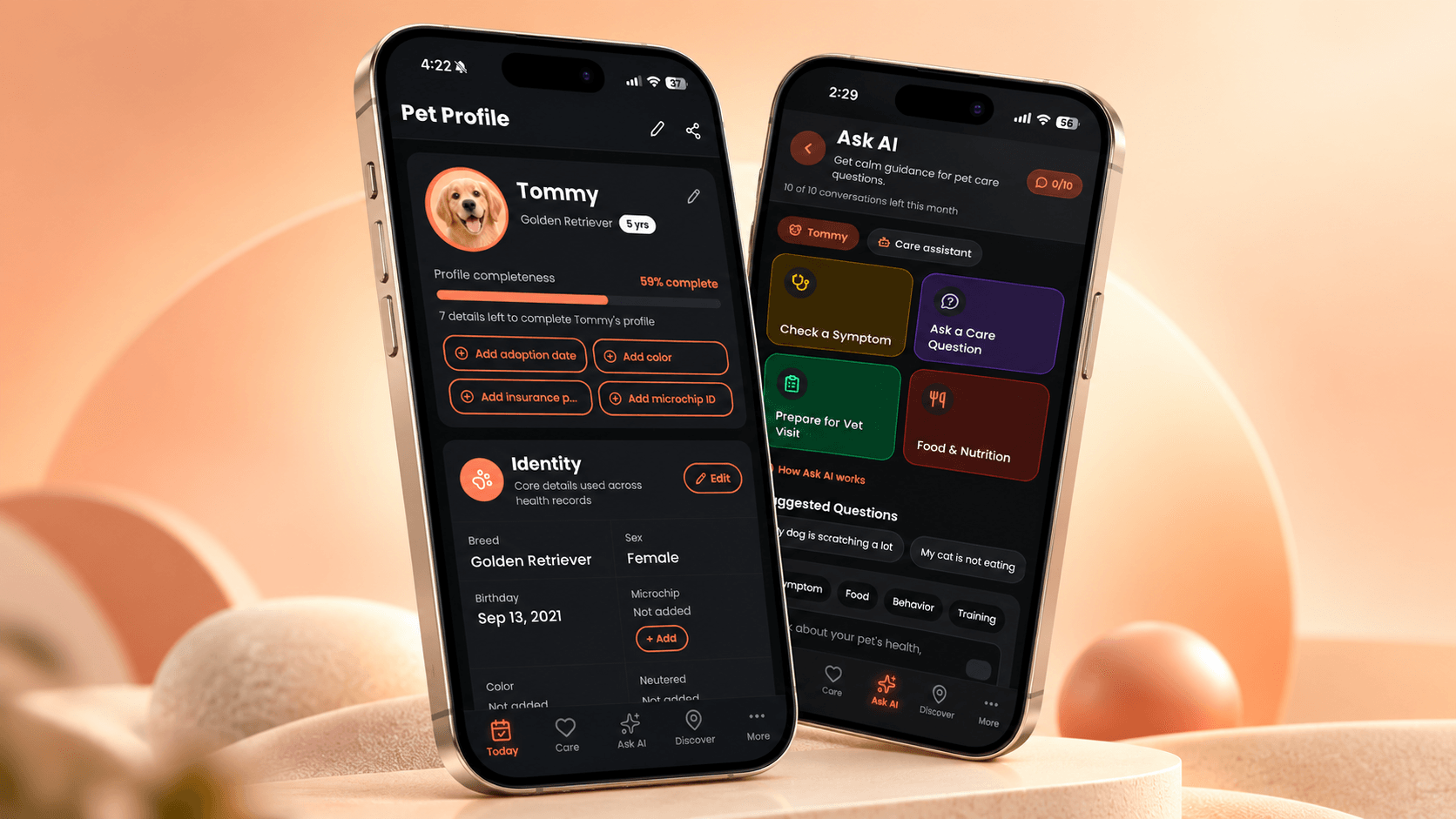 Two iPhones showing the PetMyDear app: a pet profile and the Ask AI care guidance screen