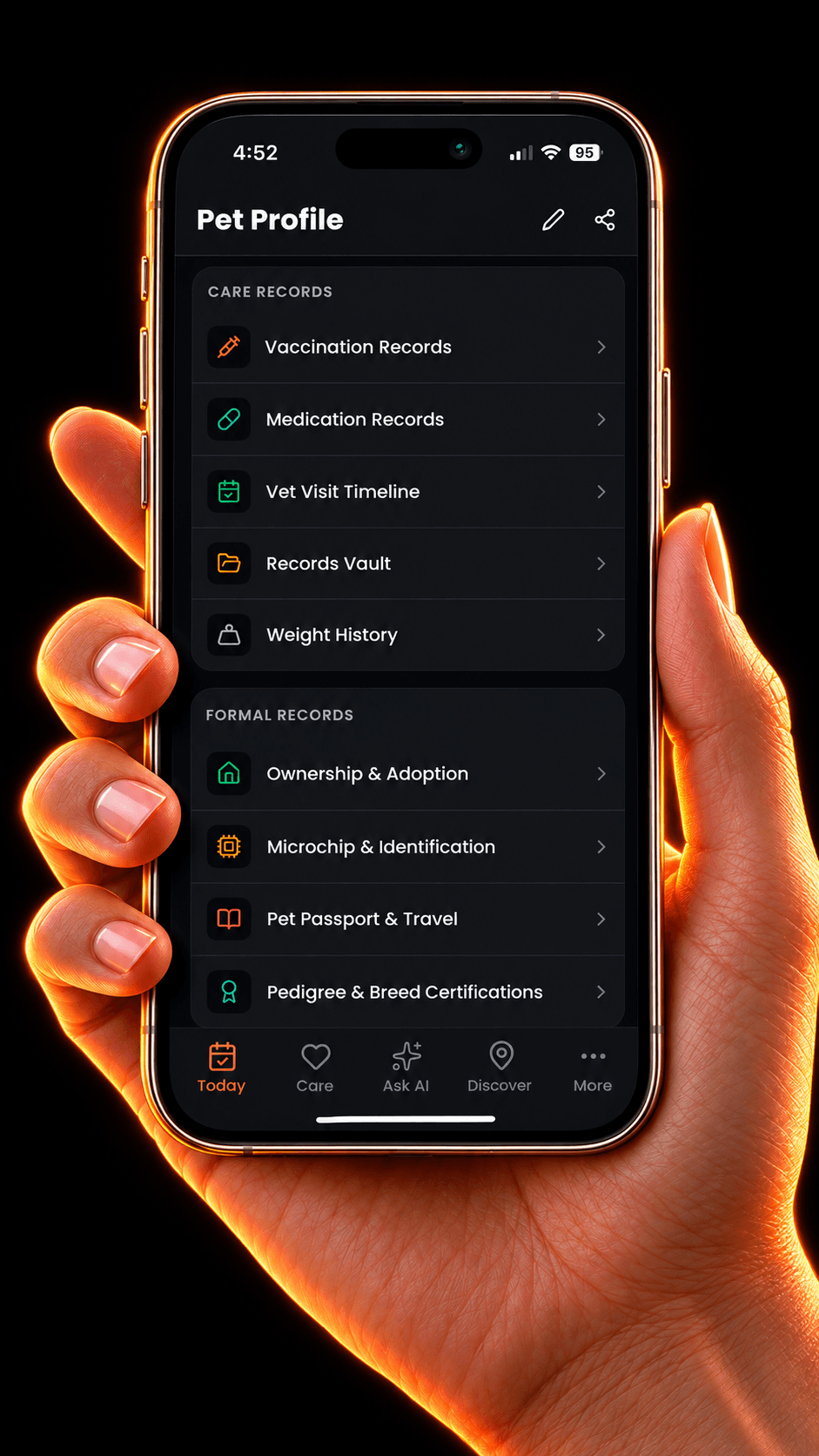 PetMyDear pet profile app held in hand showing health and care records