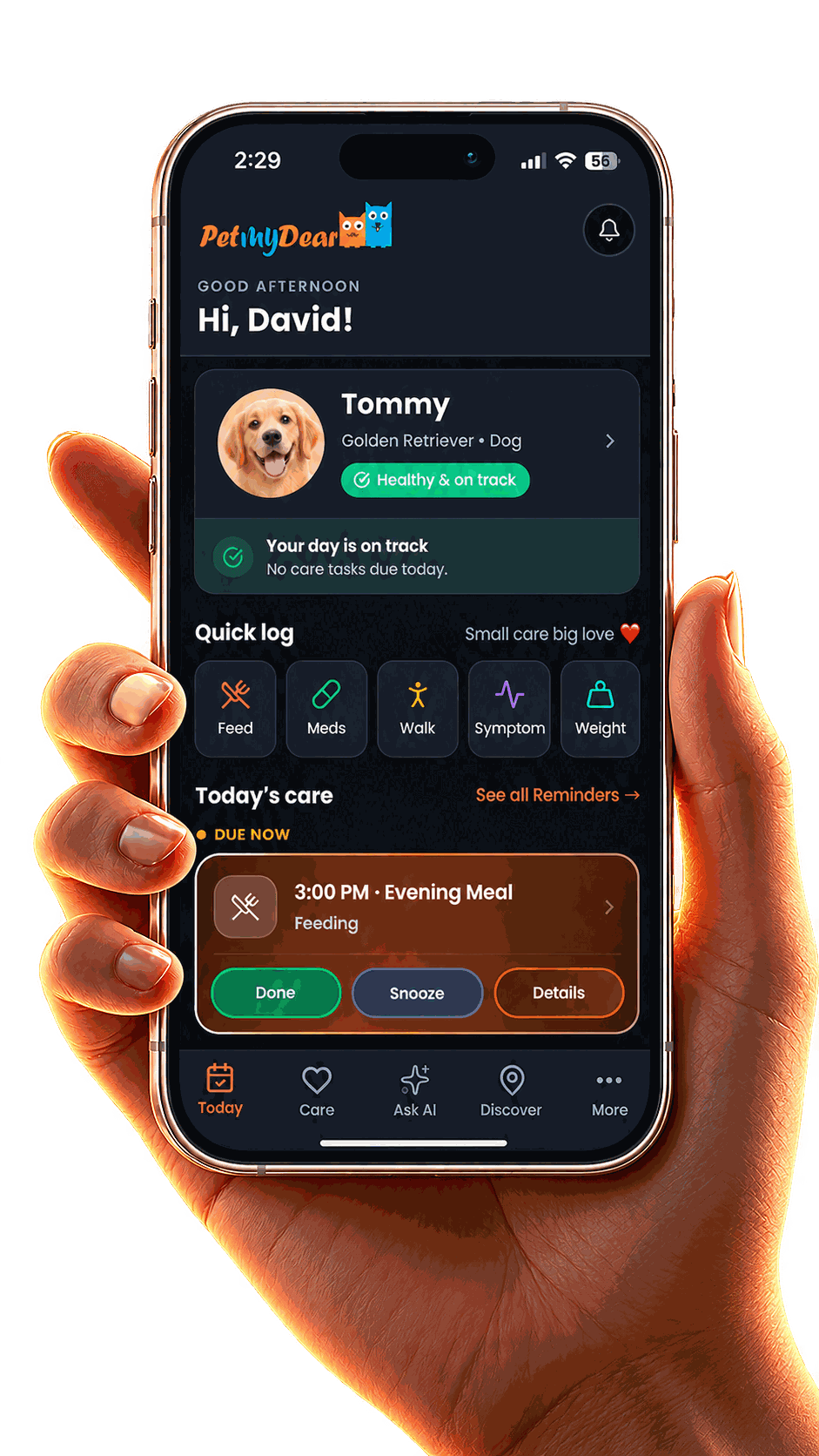 PetMyDear Today screen showing a dog's daily care tasks and quick log