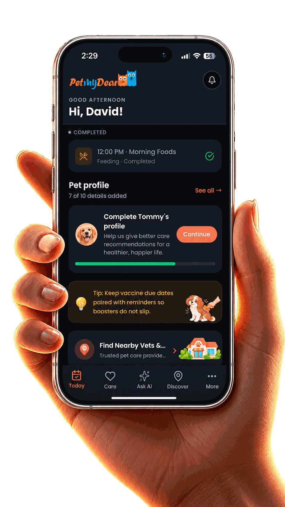 PetMyDear home screen with pet profile progress for multiple pets