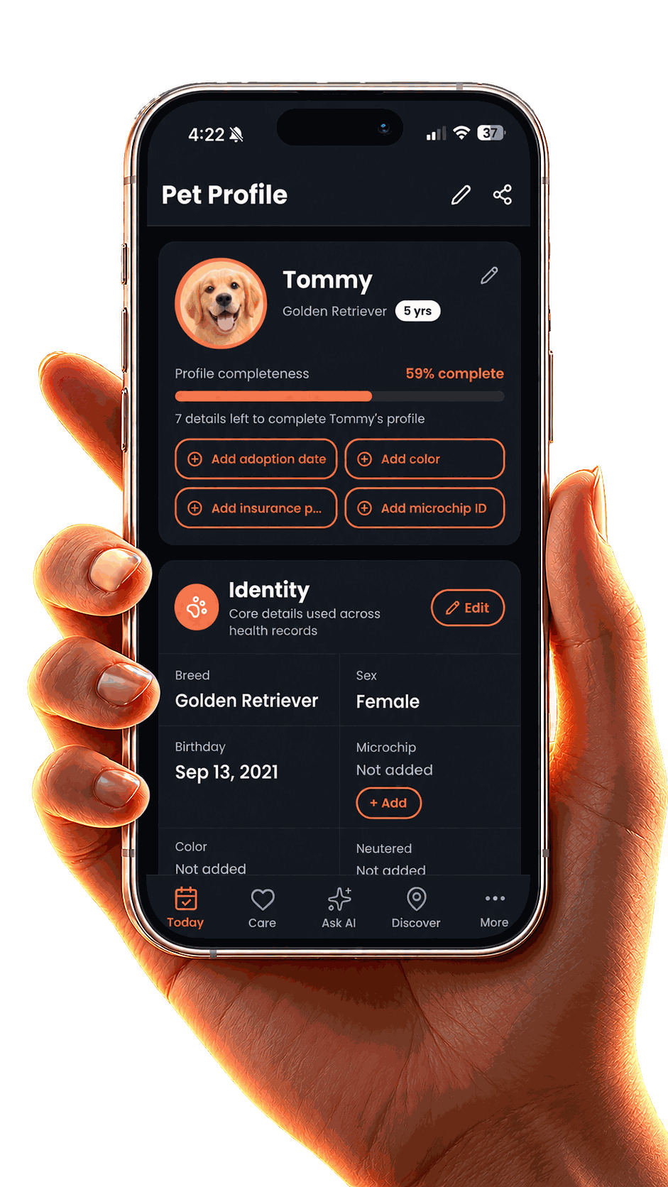 PetMyDear pet profile screen with identity details and profile completeness