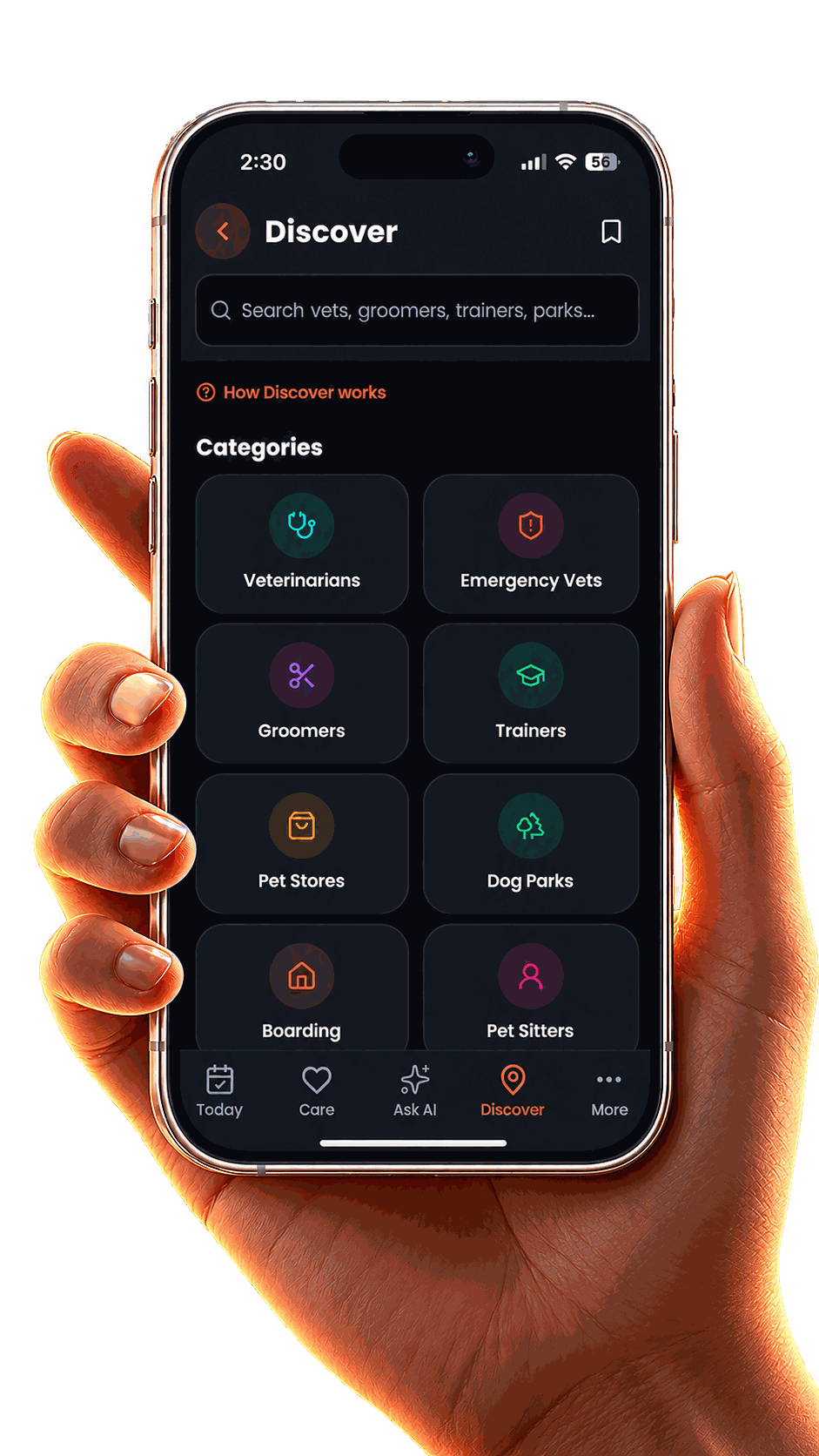 PetMyDear Discover screen with nearby pet service categories