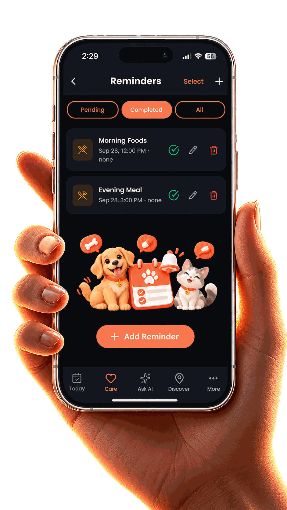 PetMyDear reminders screen with completed meal reminders