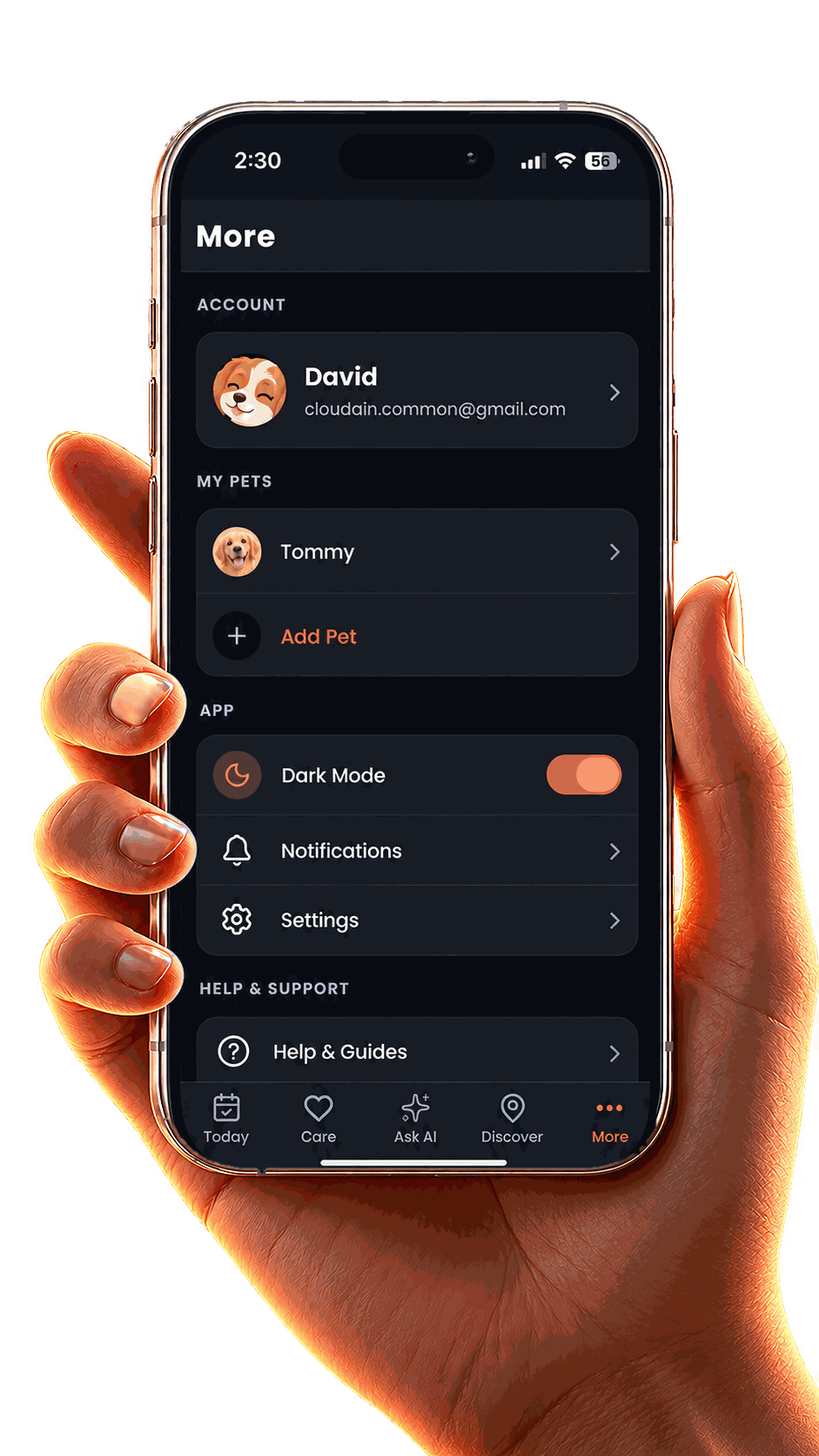 PetMyDear More menu with account and privacy settings
