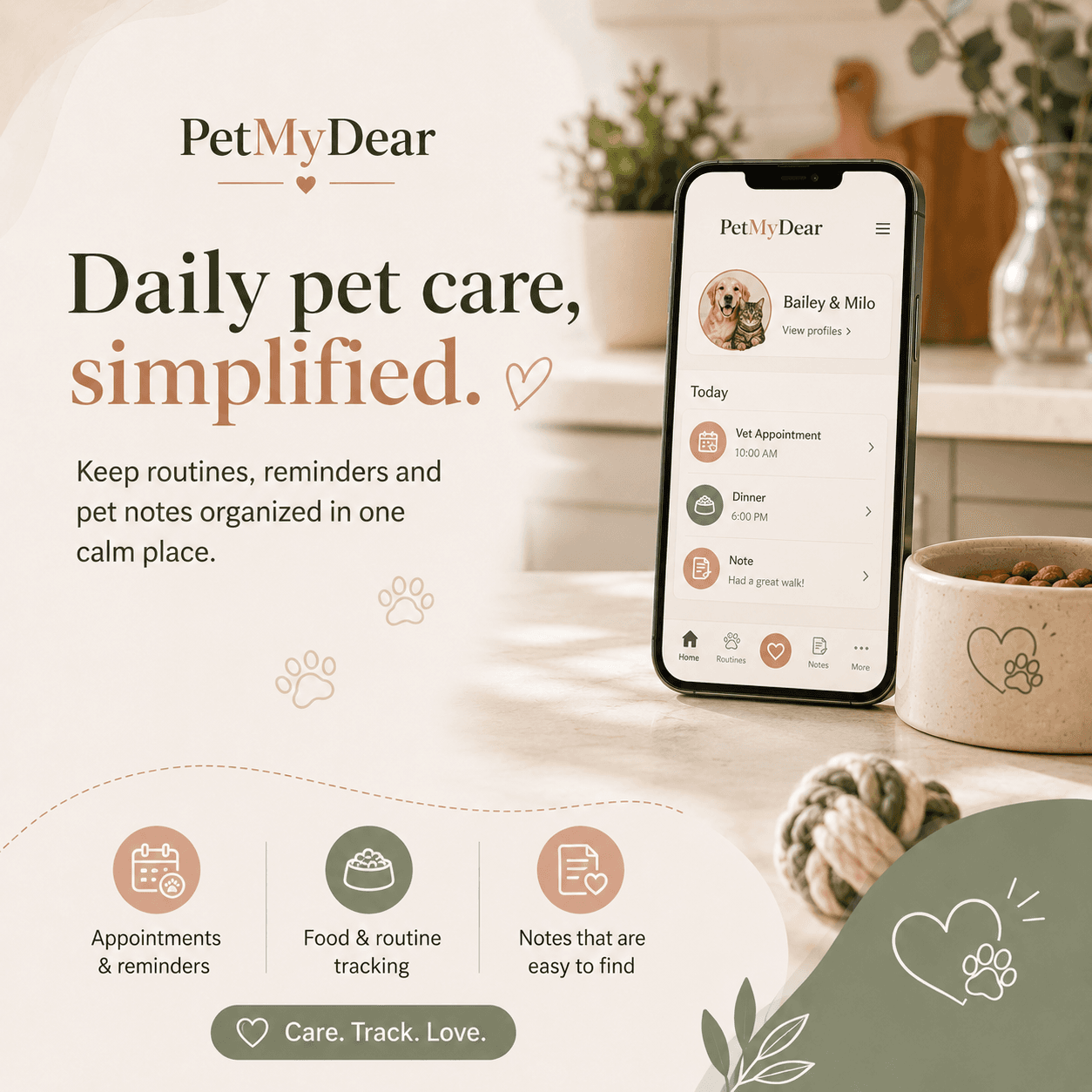 PetMyDear app showing today's pet care routines and reminders