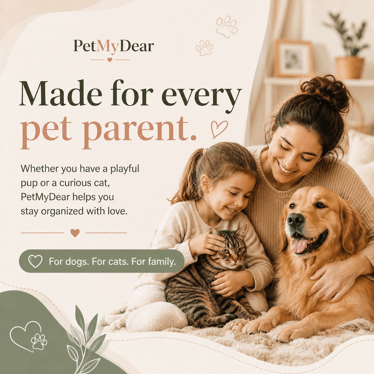 A family with their dog and cat using PetMyDear