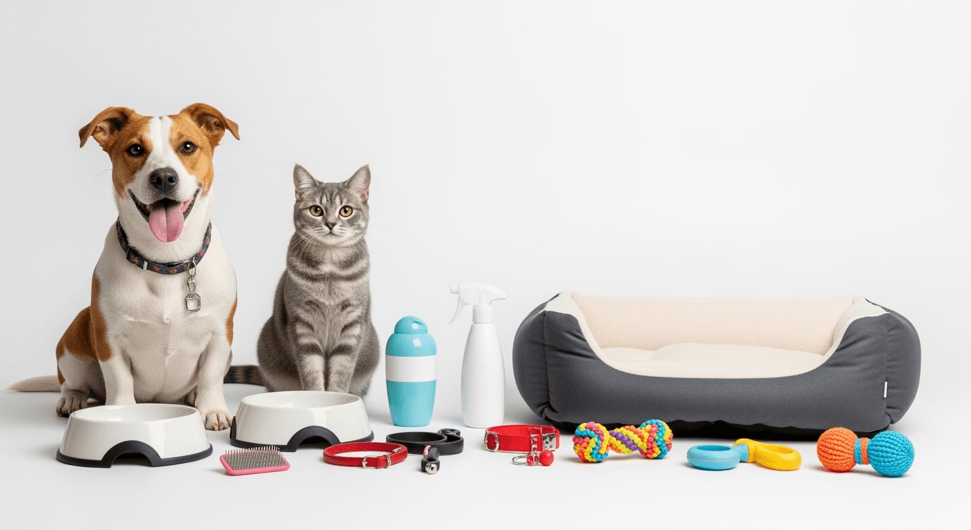 Dog and cat with pet care essentials