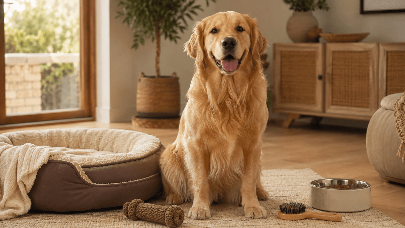 A healthy adult golden retriever at home with its bed, bowl, and grooming brush