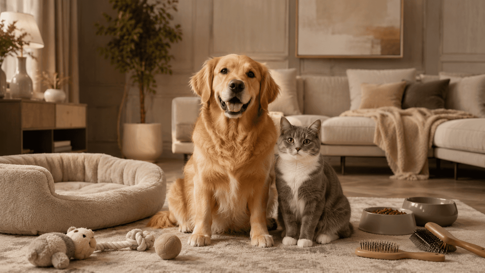An alert, attentive dog sitting in a living room