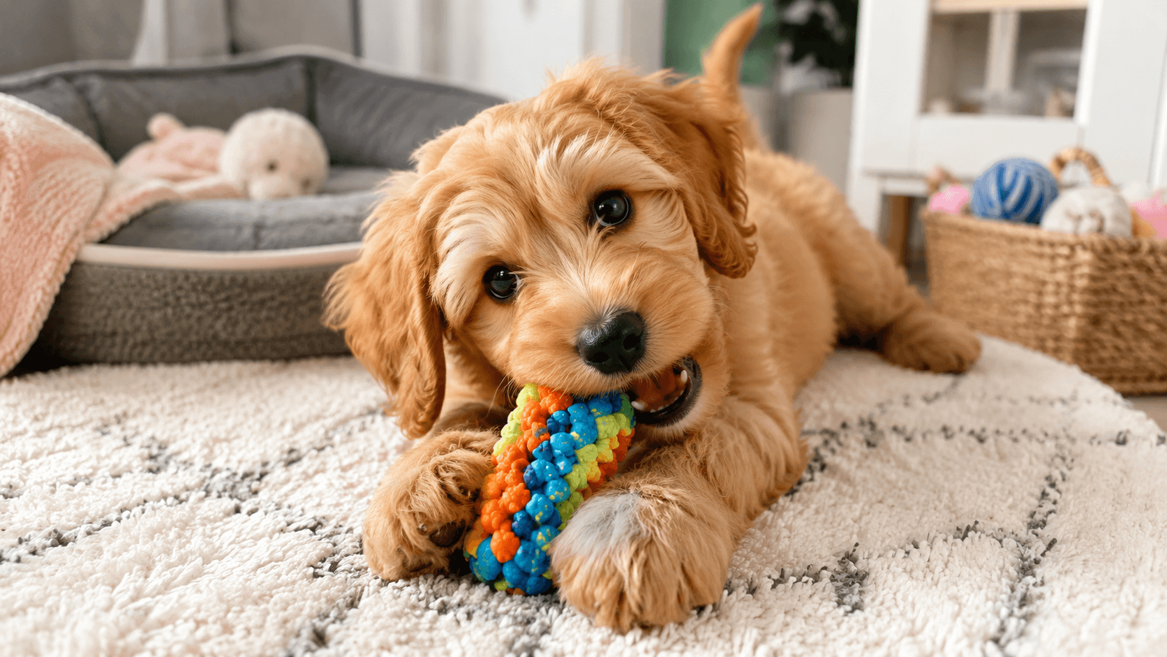 A happy puppy playing with a chew toy on a soft rug at home